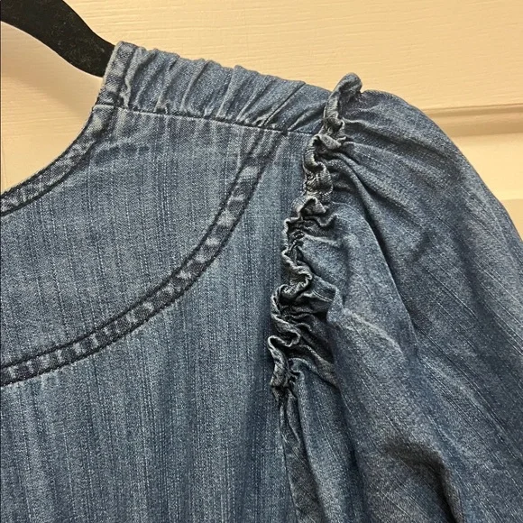 Pilcro puff sleeve V-Neck Denim Midi Dress with Smocked Waist M - Picture 10 of 13